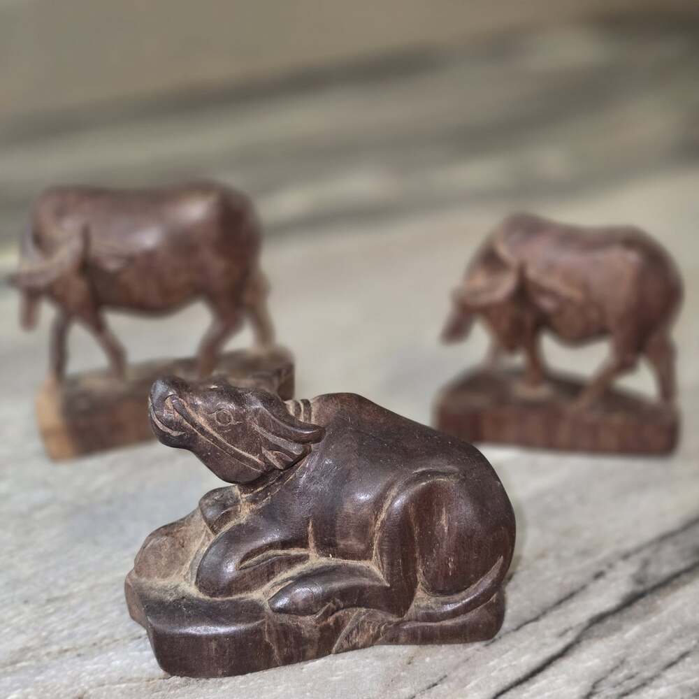 Hand Carved Wooden Water Buffalo Figurines — Set of 3 Miniature Ox Statues
